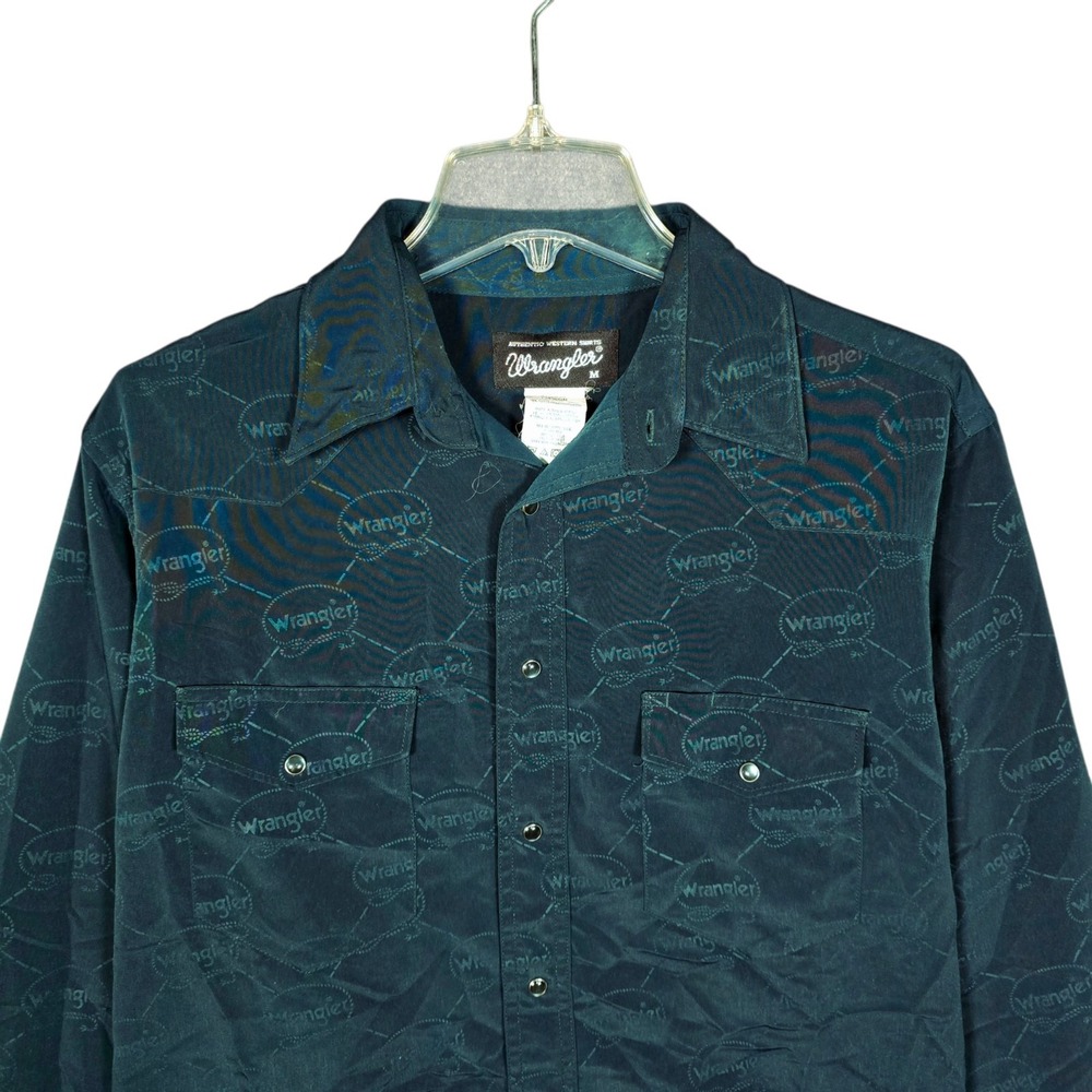 Vintage Wrangler Shirt‎ Mens Medium Western Pearl Snap All Over Print Logo Roper